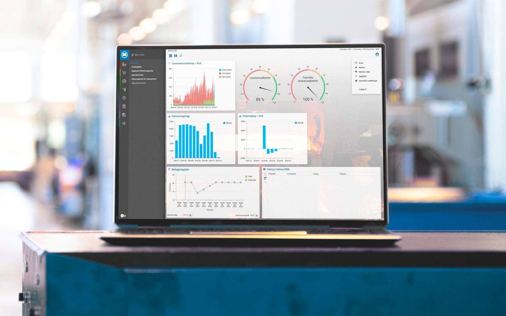 Laptop on a blue cabinet in a production hall, showing a Monitor ERP screen with gauges and bar charts